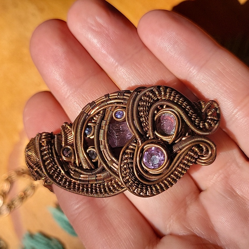 Copper wire wrapped pendant with gemstones tourmaline apatite amethyst